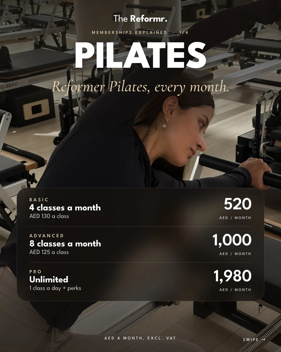Pilates memberships: Basic 4 classes AED 520, Advanced 8 classes AED 1,000, Pro unlimited AED 1,980 a month